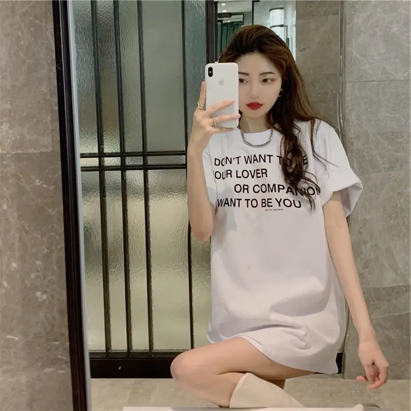 Women White Letter Short Sleeve T-Shirt Mid Length - Image 11