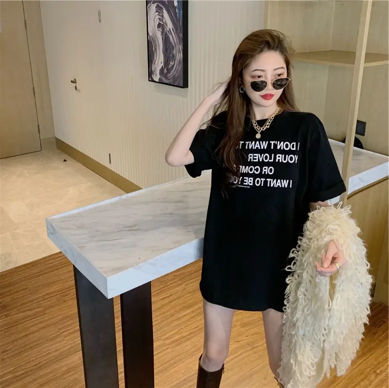 Women White Letter Short Sleeve T-Shirt Mid Length - Image 12