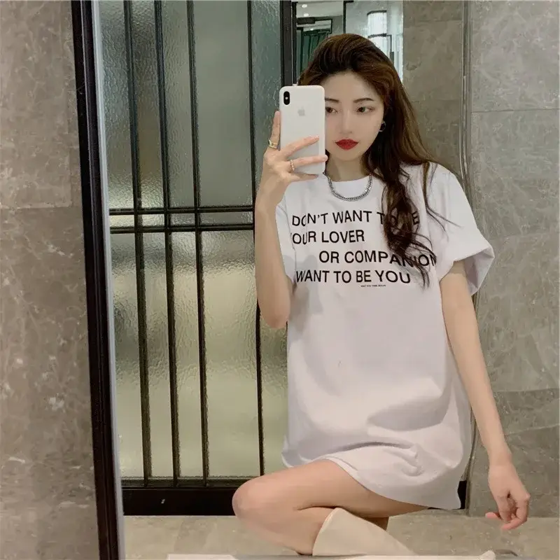 Women White Letter Short Sleeve T-Shirt Mid Length - Image 8