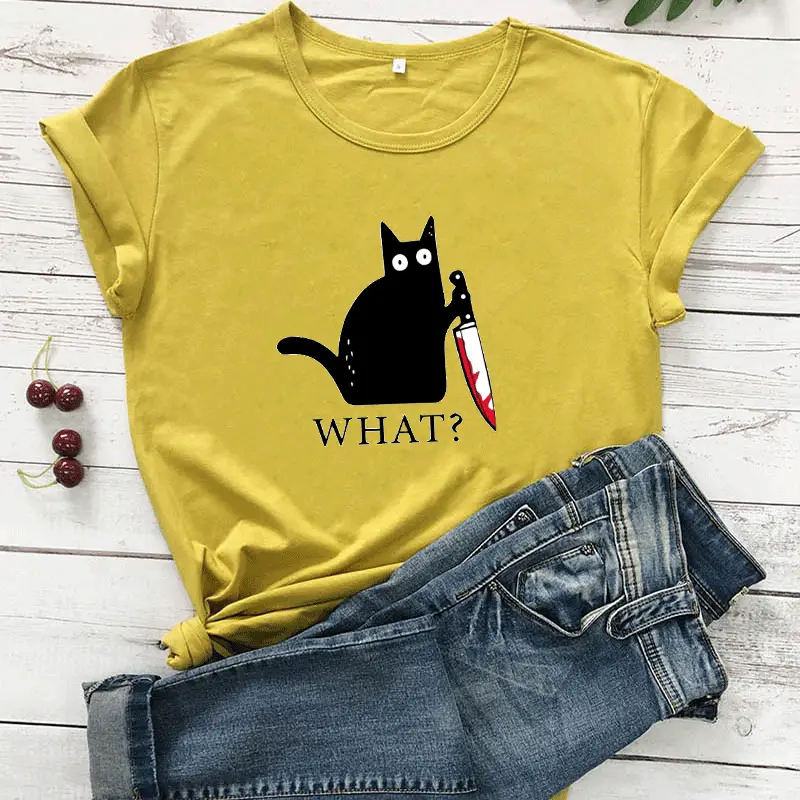 What? Cat Printed Maroon T-Shirt Loose Short Sleeve - Image 12