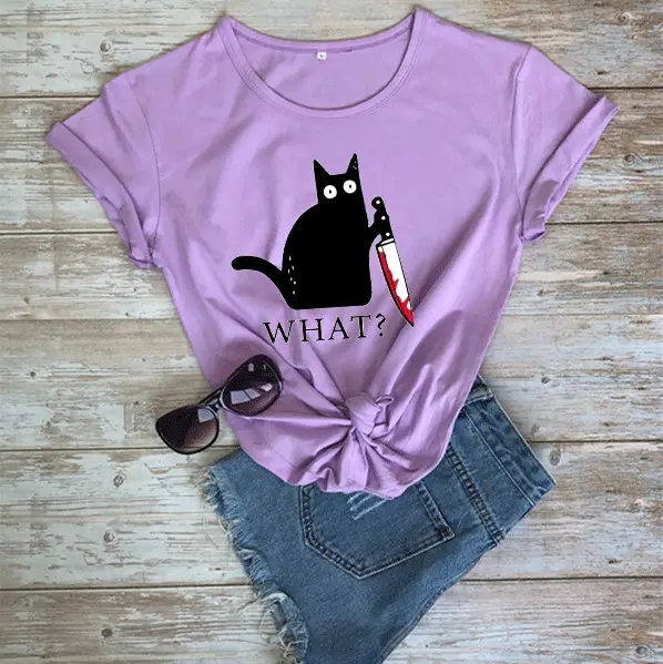 What? Cat Printed Maroon T-Shirt Loose Short Sleeve - Image 14