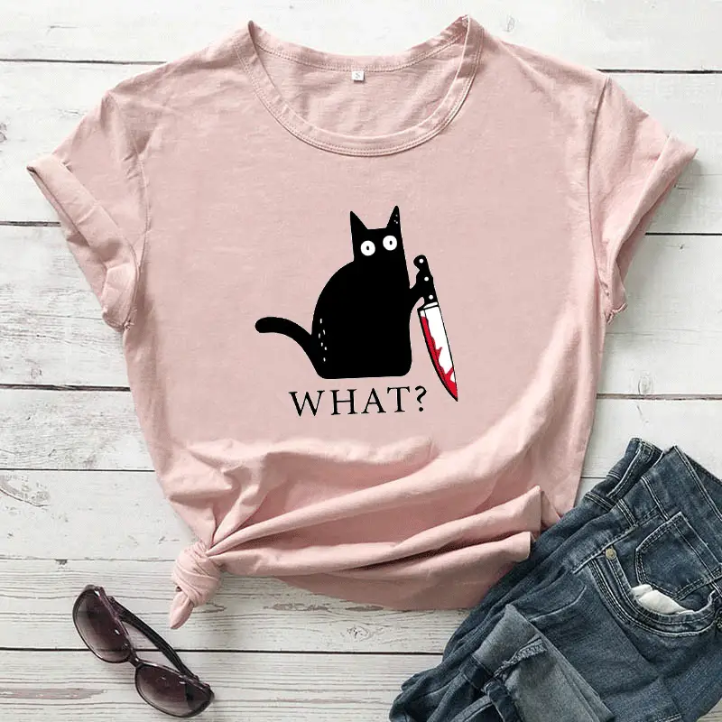 What? Cat Printed Maroon T-Shirt Loose Short Sleeve - Image 16