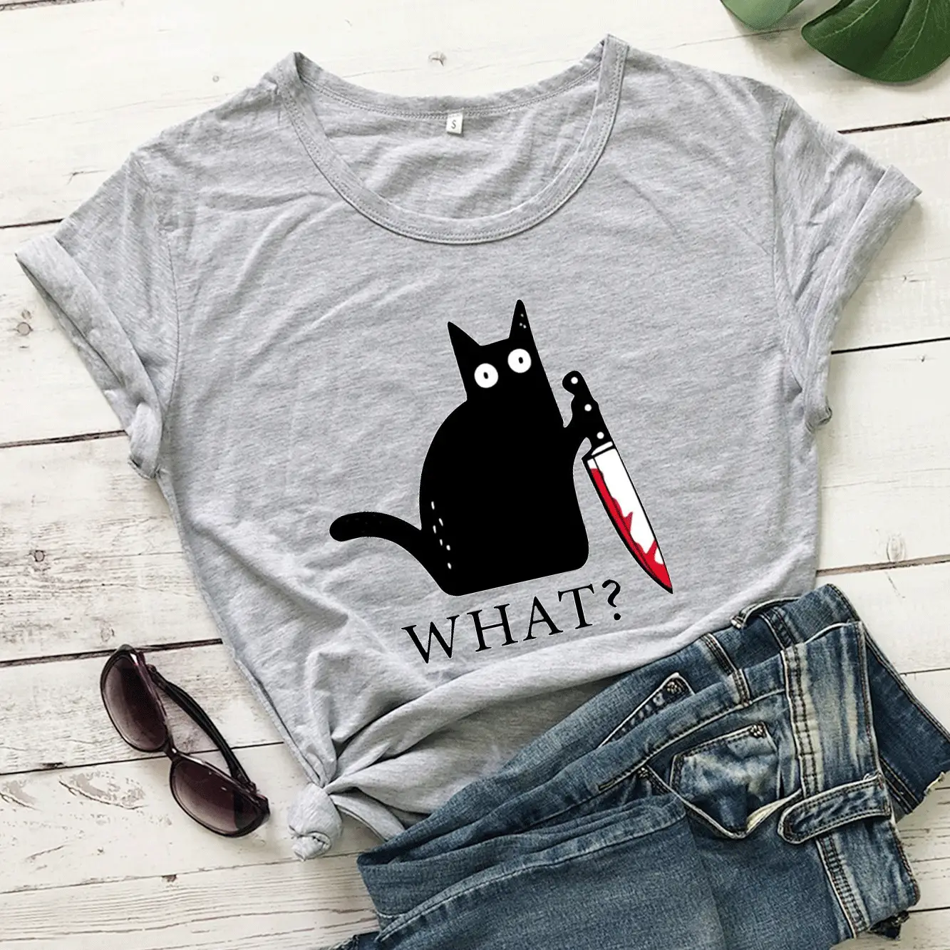 What? Cat Printed Maroon T-Shirt Loose Short Sleeve - Image 2