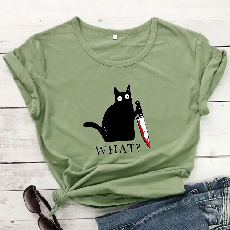 What? Cat Printed Maroon T-Shirt Loose Short Sleeve - Image 3