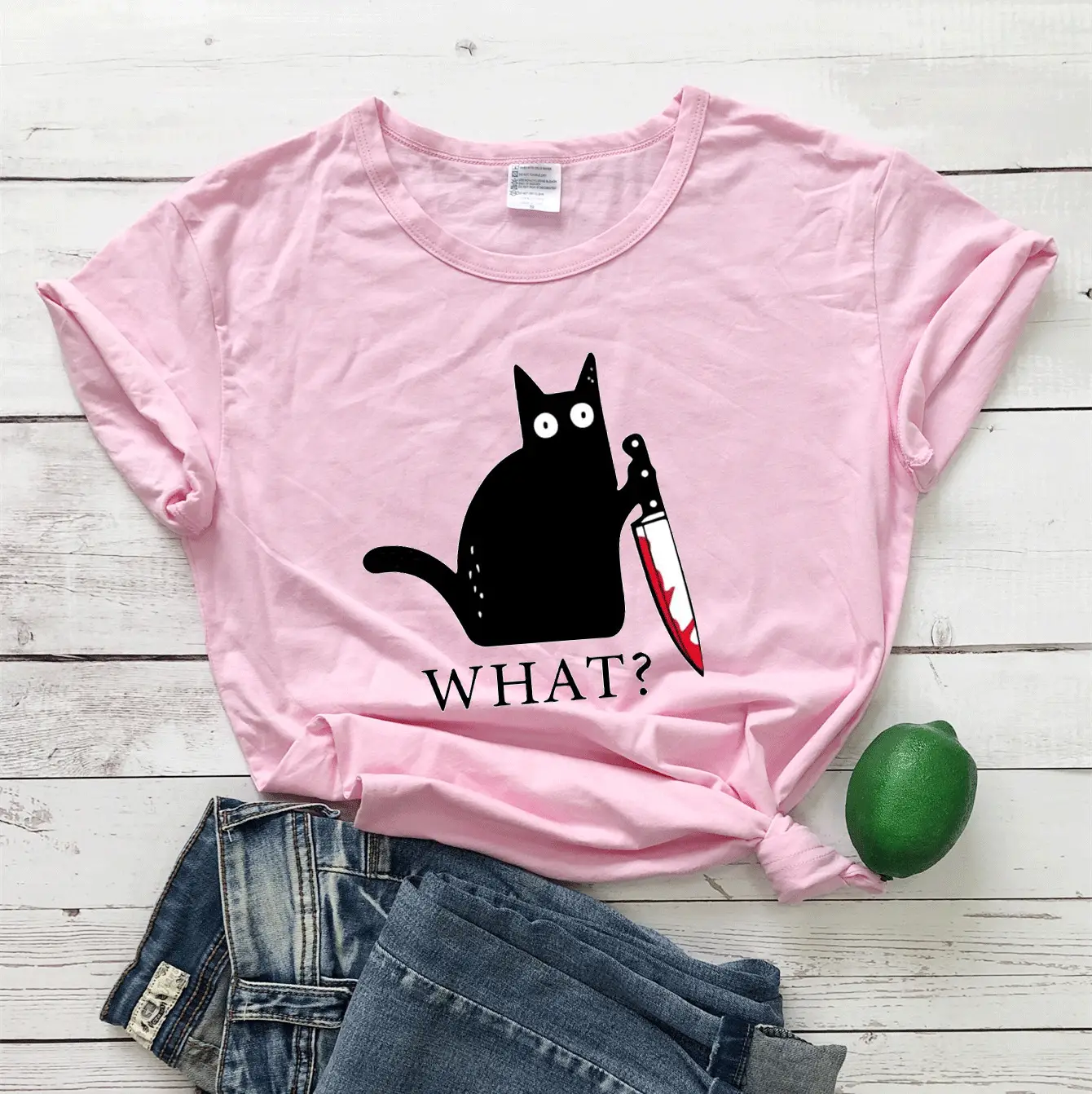 What? Cat Printed Maroon T-Shirt Loose Short Sleeve - Image 5