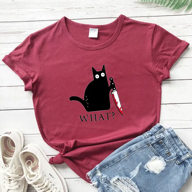 What? Cat Printed Maroon T-Shirt Loose Short Sleeve - Image 6