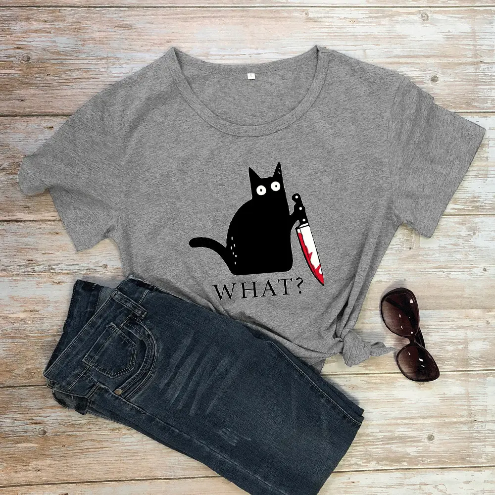 What? Cat Printed Maroon T-Shirt Loose Short Sleeve - Image 7
