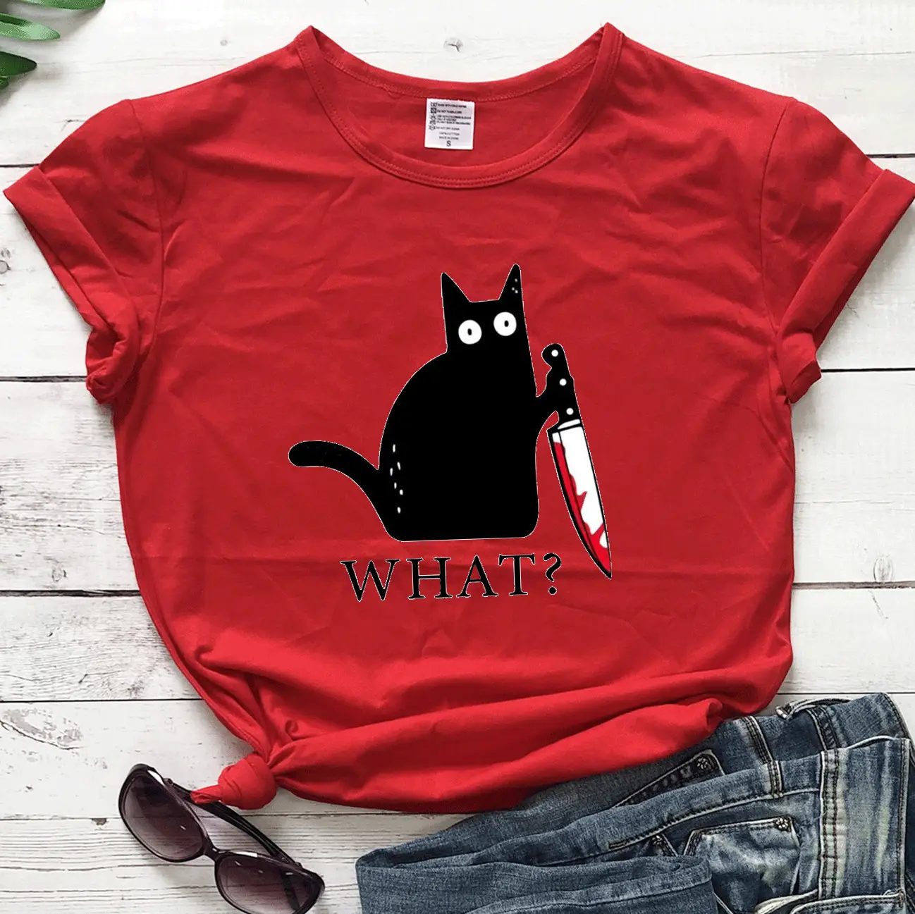 What? Cat Printed Maroon T-Shirt Loose Short Sleeve - Image 8