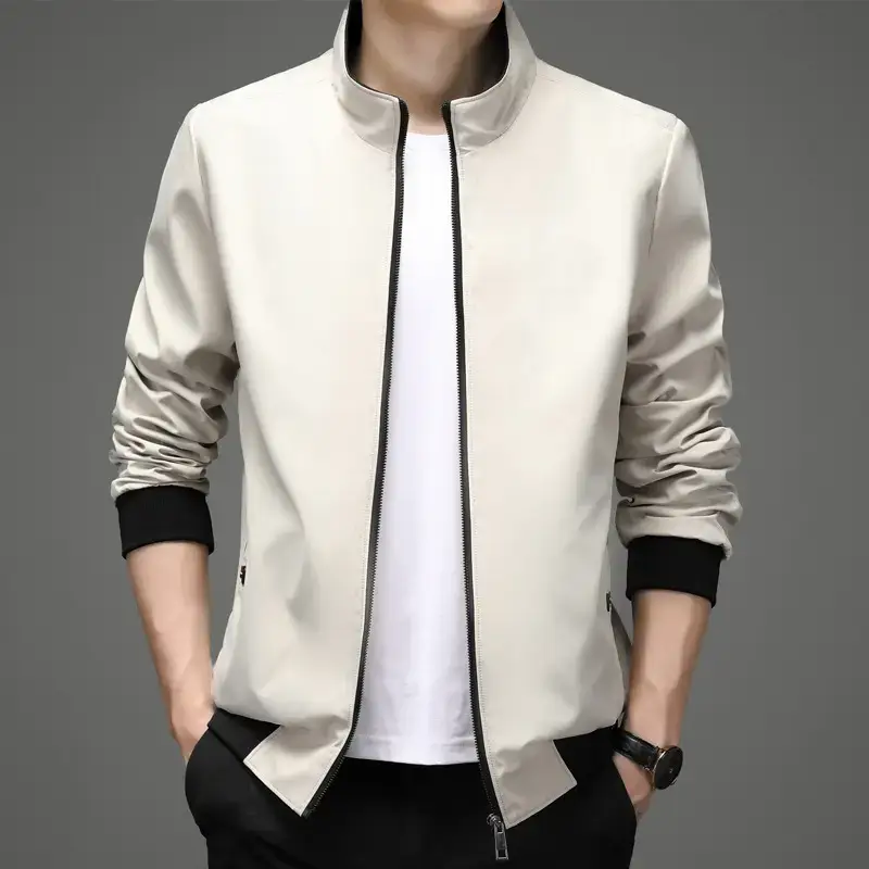 Men's Blue Zipper Jacket with Stand Collar - Image 3