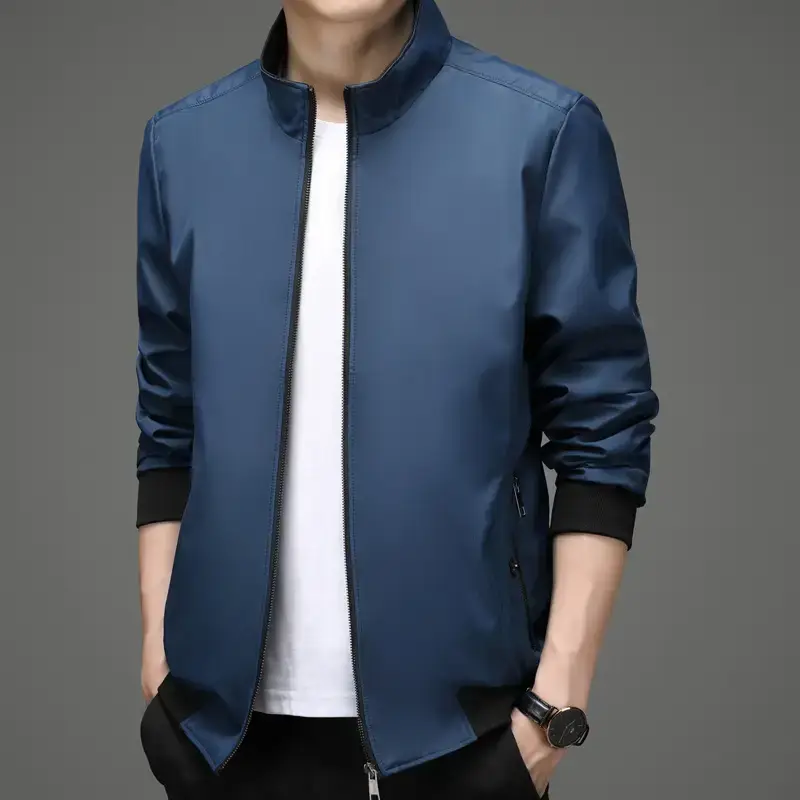 Men's Blue Zipper Jacket with Stand Collar - Image 2