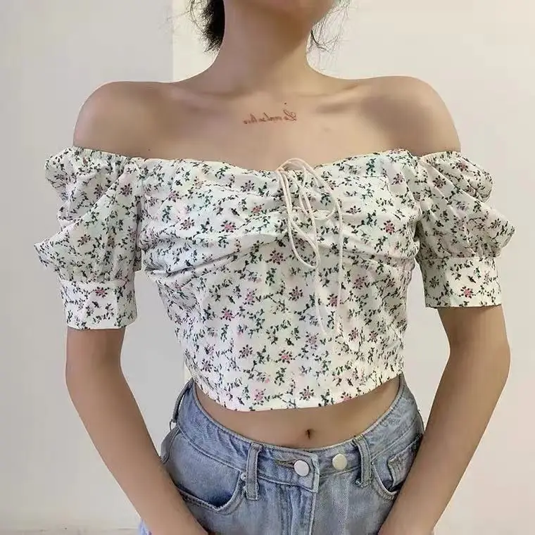 Women Floral Puff Sleeve Top Short Sleeve Slimming T-Shirt