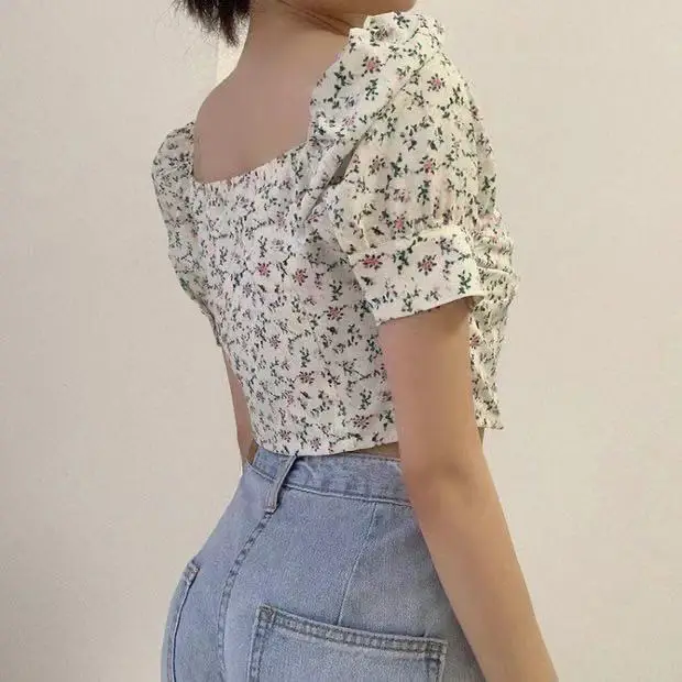 Women Floral Puff Sleeve Top Short Sleeve Slimming T-Shirt