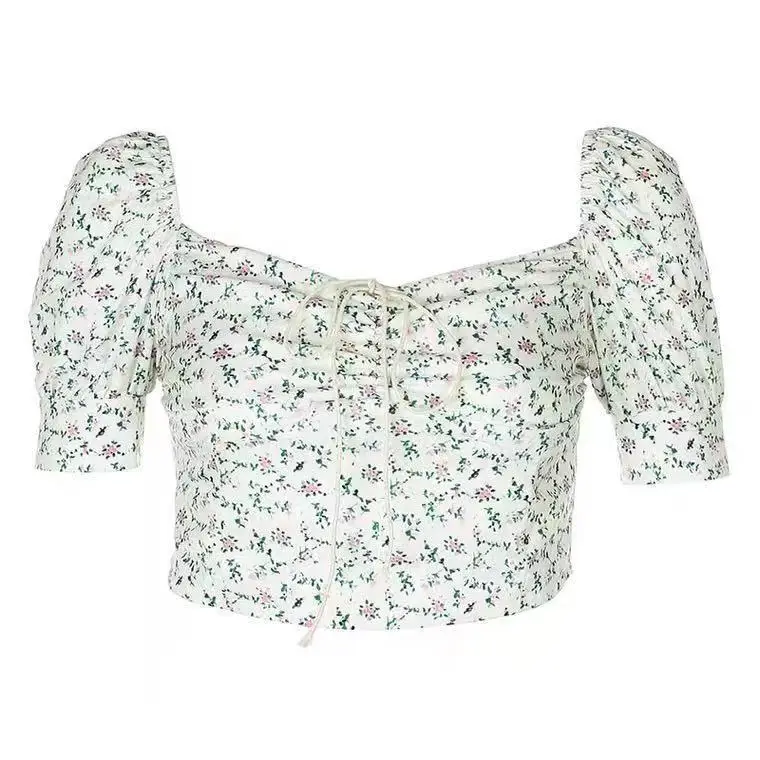Women Floral Puff Sleeve Top Short Sleeve Slimming T-Shirt