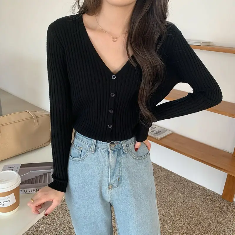 Women's V-Neck Knit Cardigan Long Sleeve Beige - Image 8