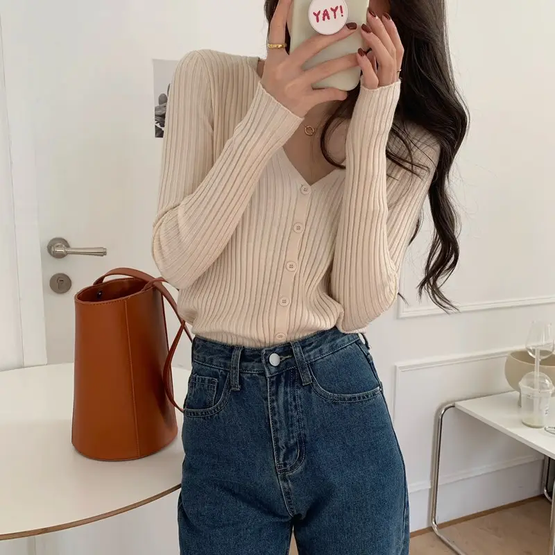 Women's V-Neck Knit Cardigan Long Sleeve Beige - Image 9