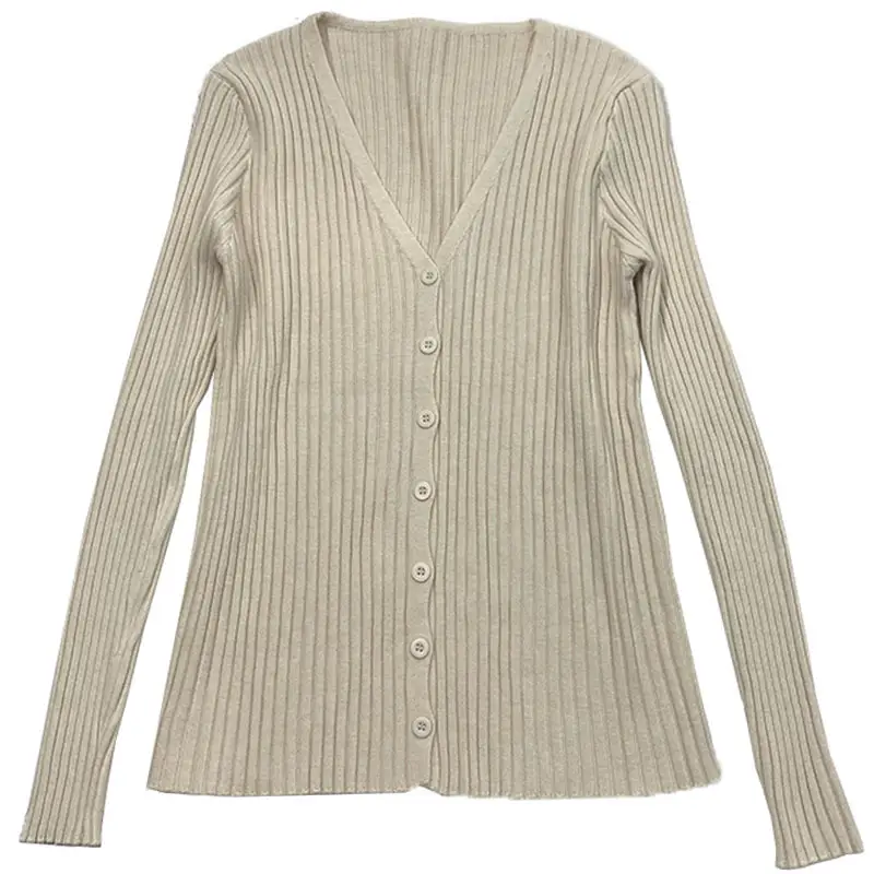 Women's V-Neck Knit Cardigan Long Sleeve Beige - Image 11