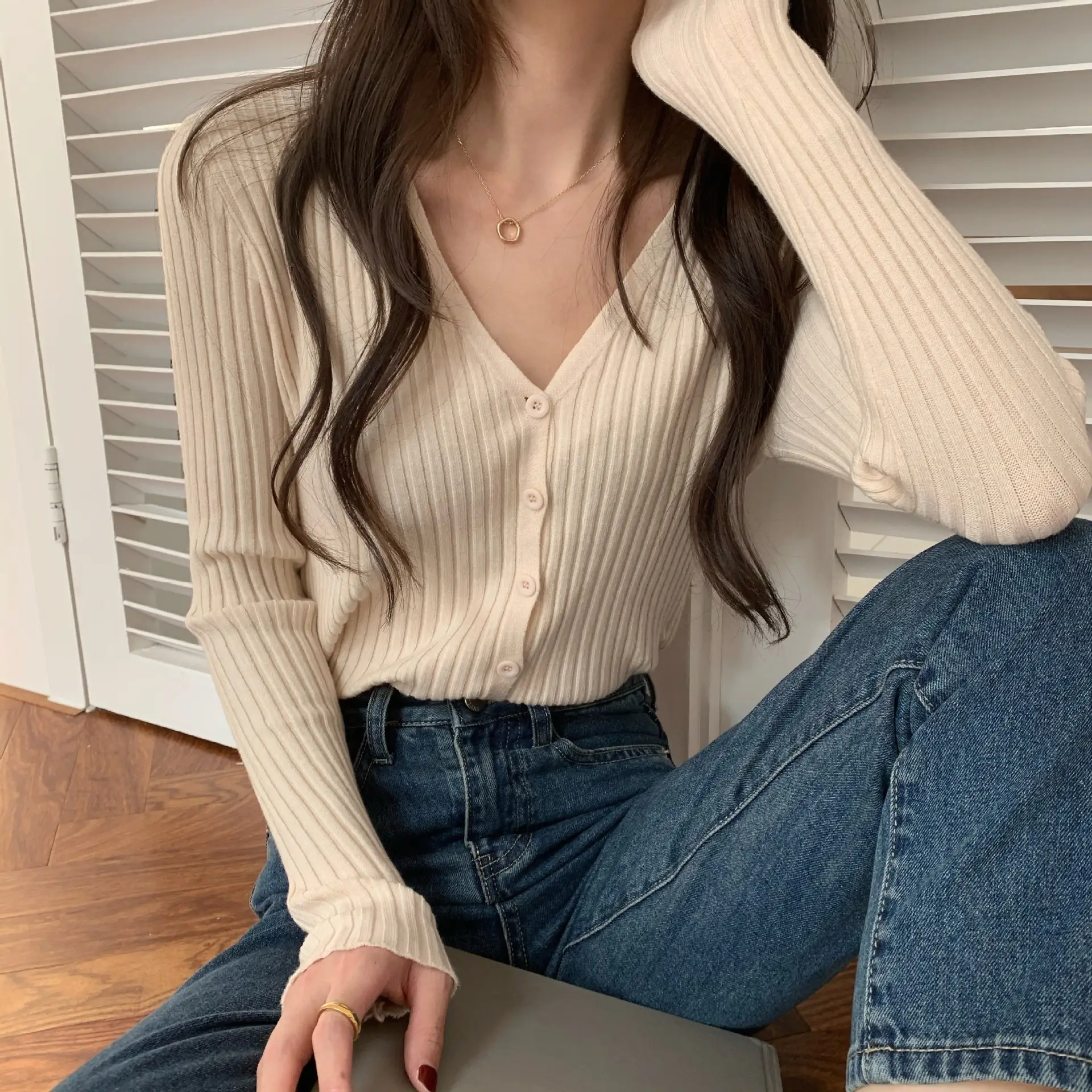 Women's V-Neck Knit Cardigan Long Sleeve Beige — feature 10