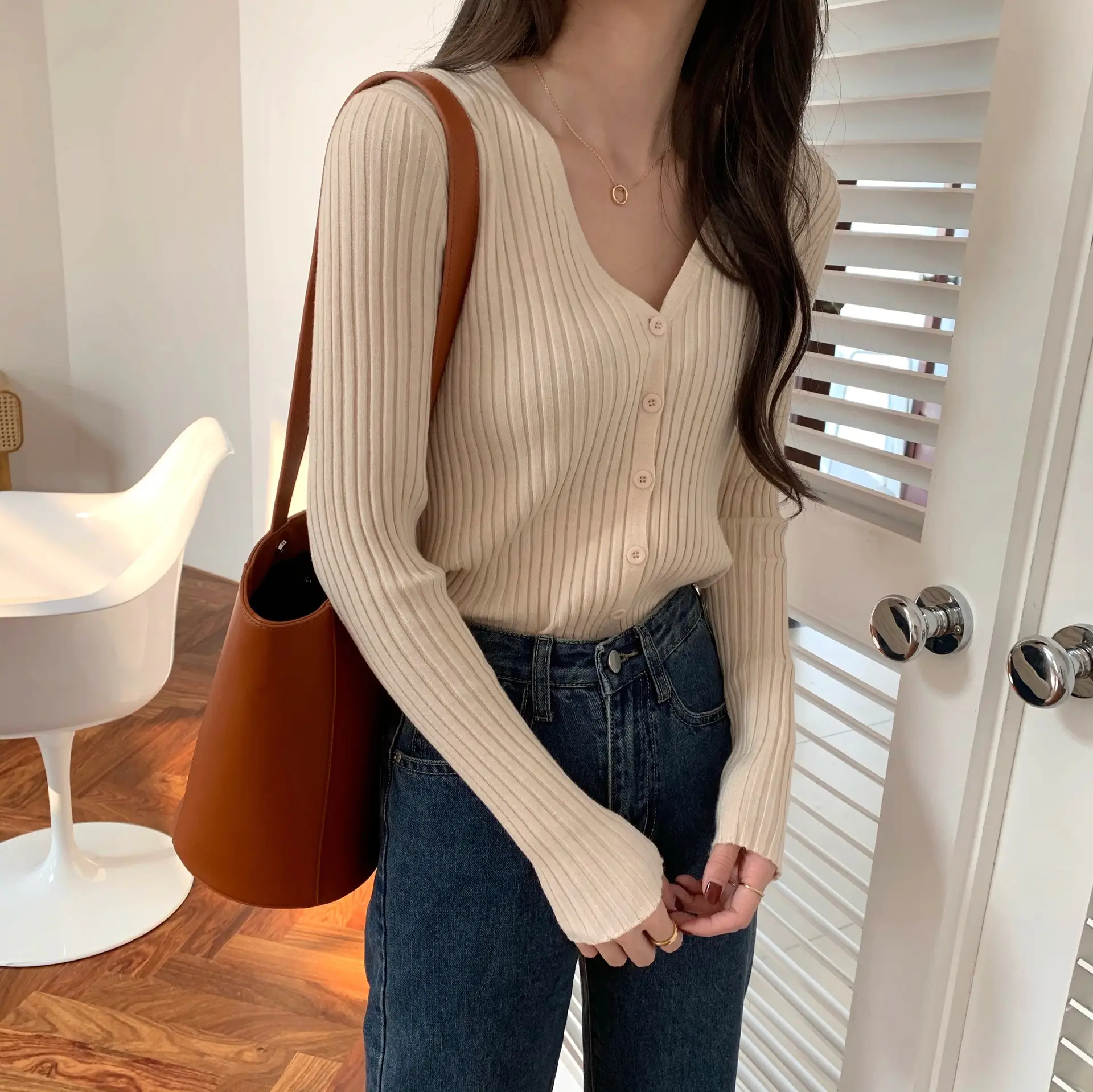 Women's V-Neck Knit Cardigan Long Sleeve Beige — feature 13