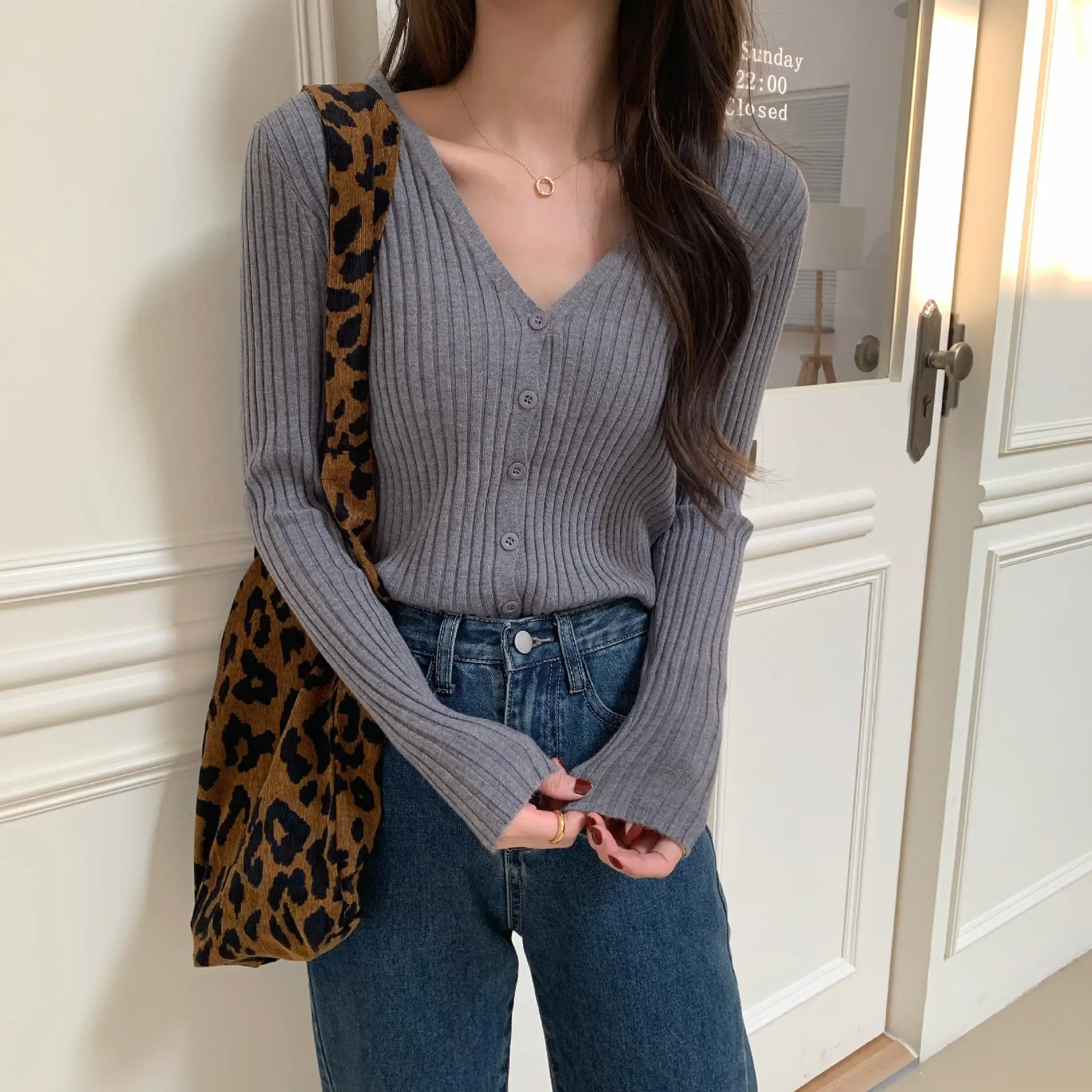 Women's V-Neck Knit Cardigan Long Sleeve Beige — feature 15