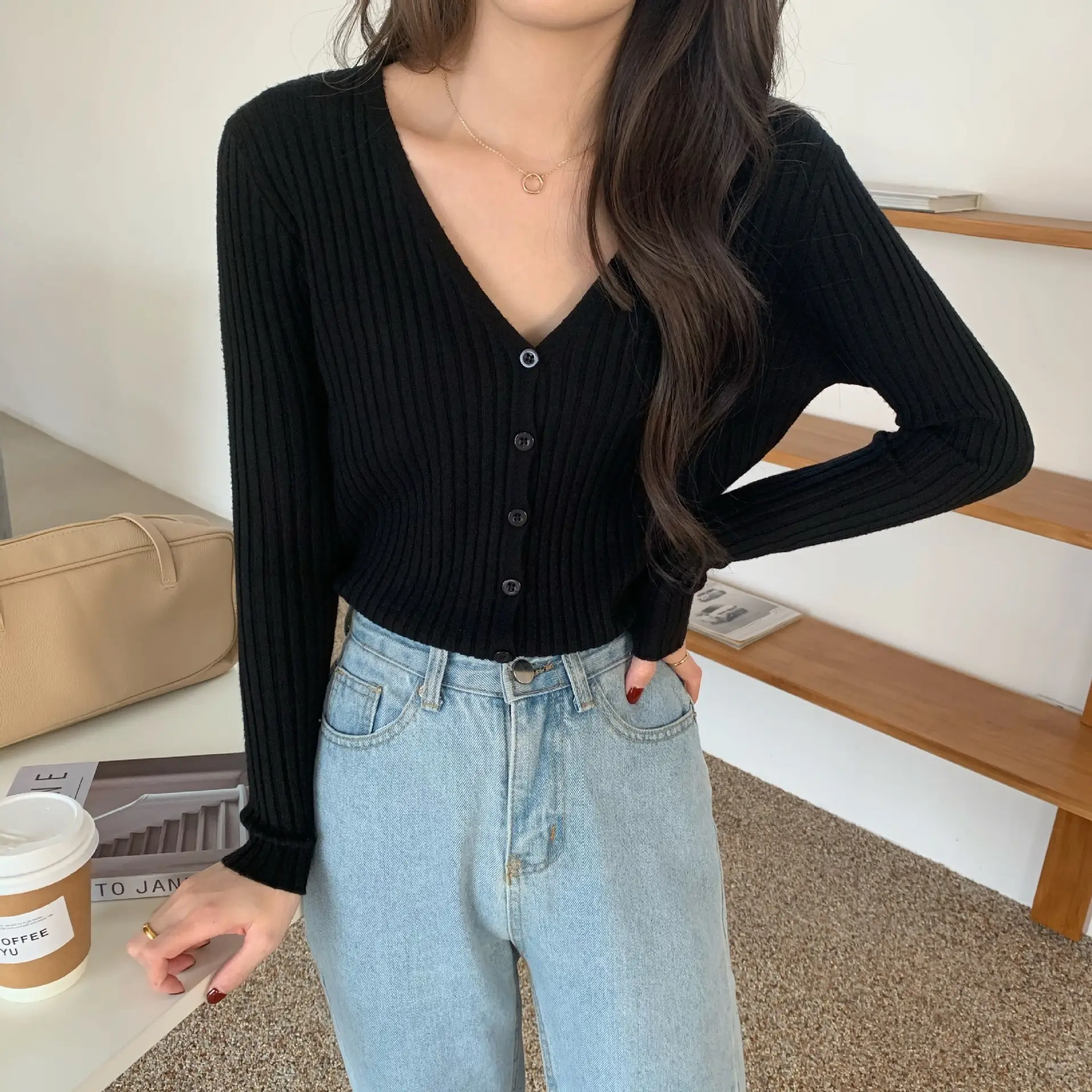 Women's V-Neck Knit Cardigan Long Sleeve Beige — feature 19