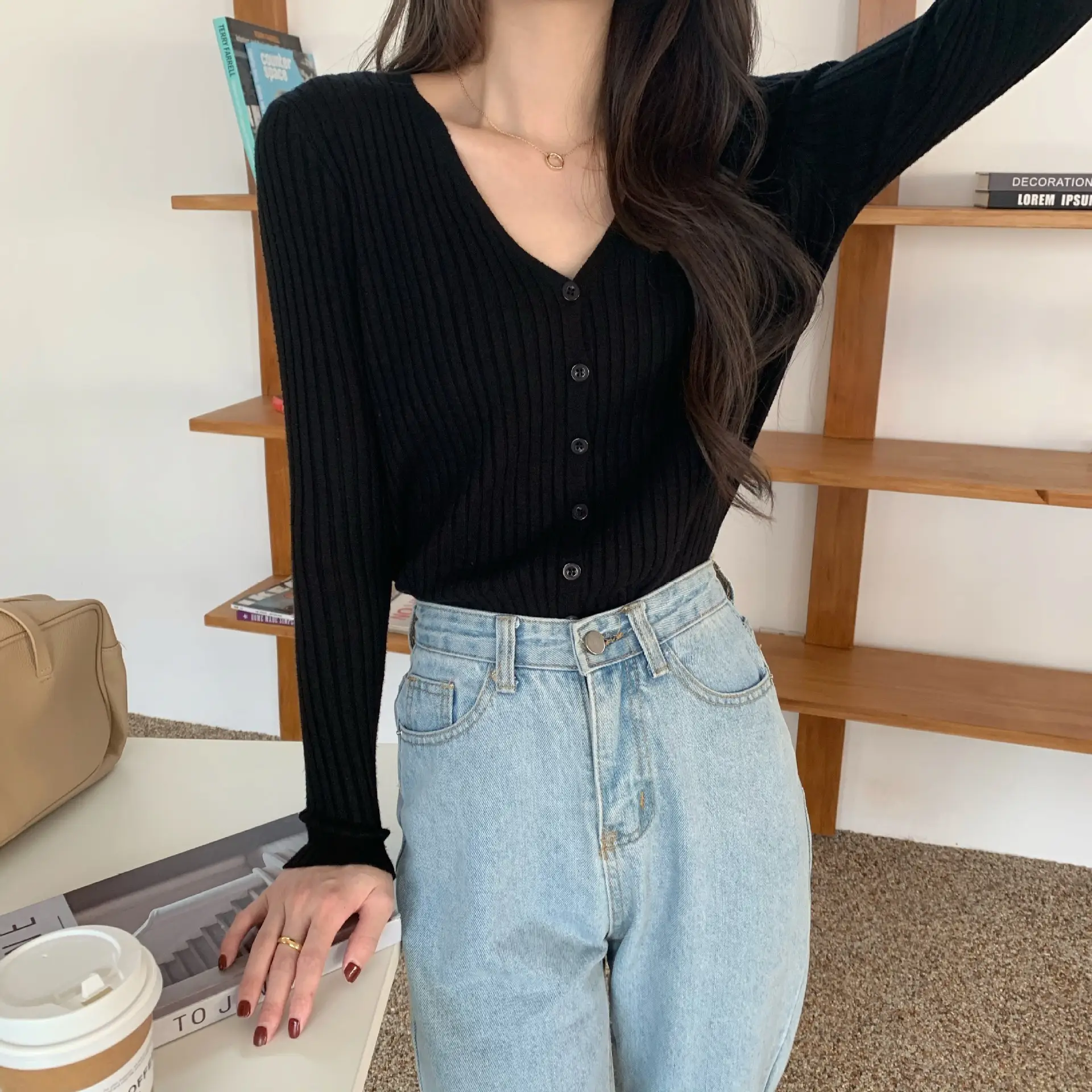 Women's V-Neck Knit Cardigan Long Sleeve Beige — feature 20
