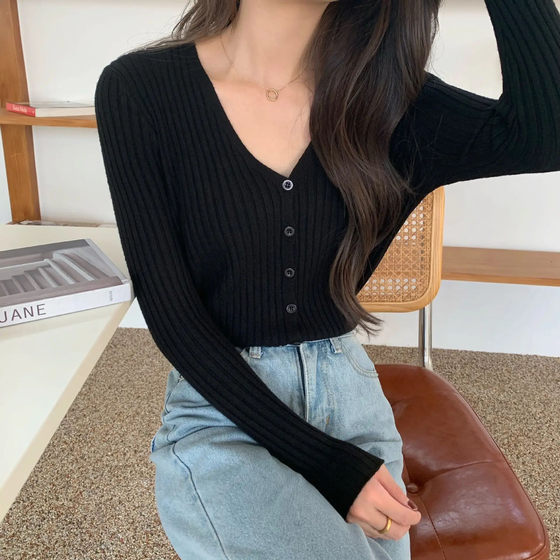 Women's V-Neck Knit Cardigan Long Sleeve Beige — feature 21