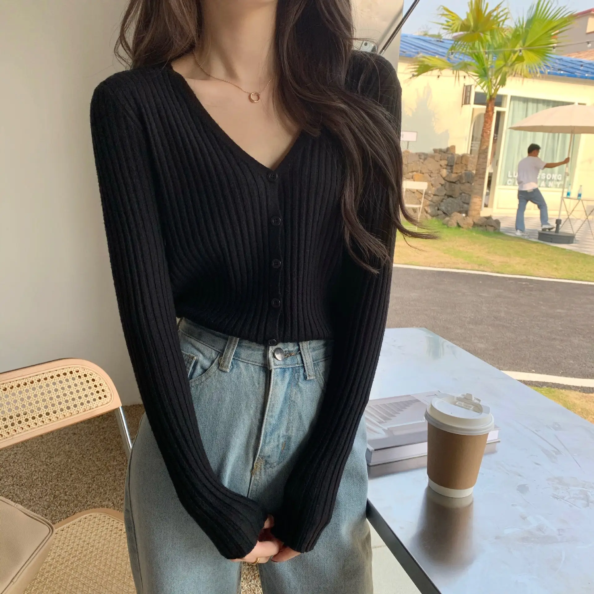 Women's V-Neck Knit Cardigan Long Sleeve Beige — feature 22