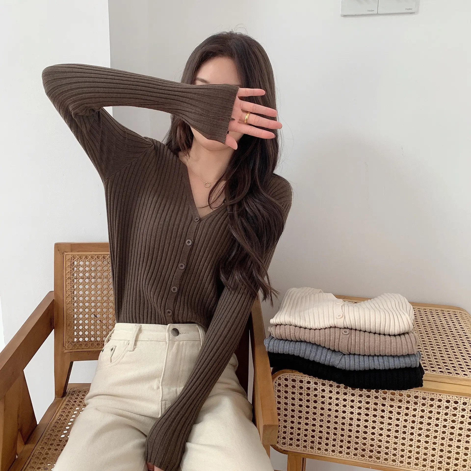 Women's V-Neck Knit Cardigan Long Sleeve Beige — feature 23