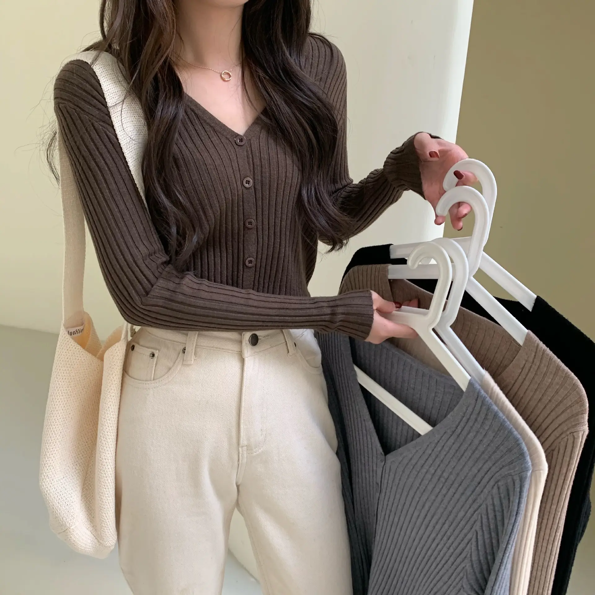 Women's V-Neck Knit Cardigan Long Sleeve Beige — feature 24