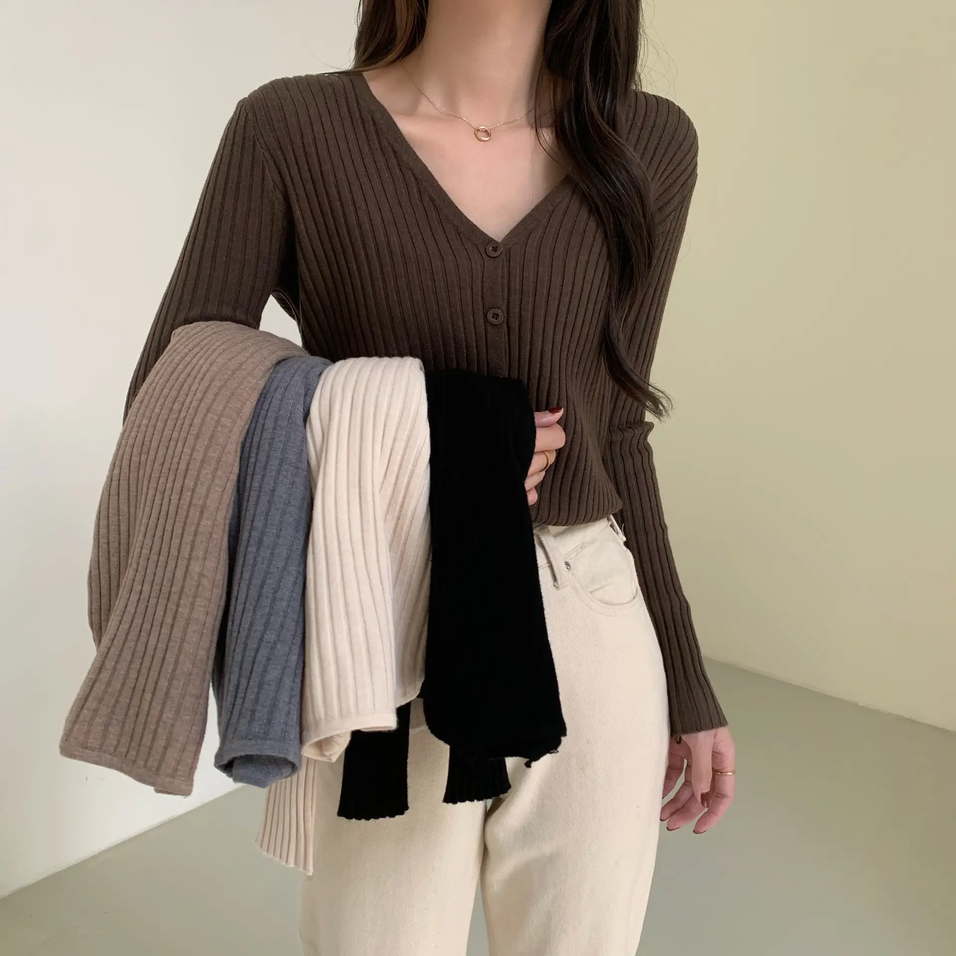 Women's V-Neck Knit Cardigan Long Sleeve Beige — feature 5