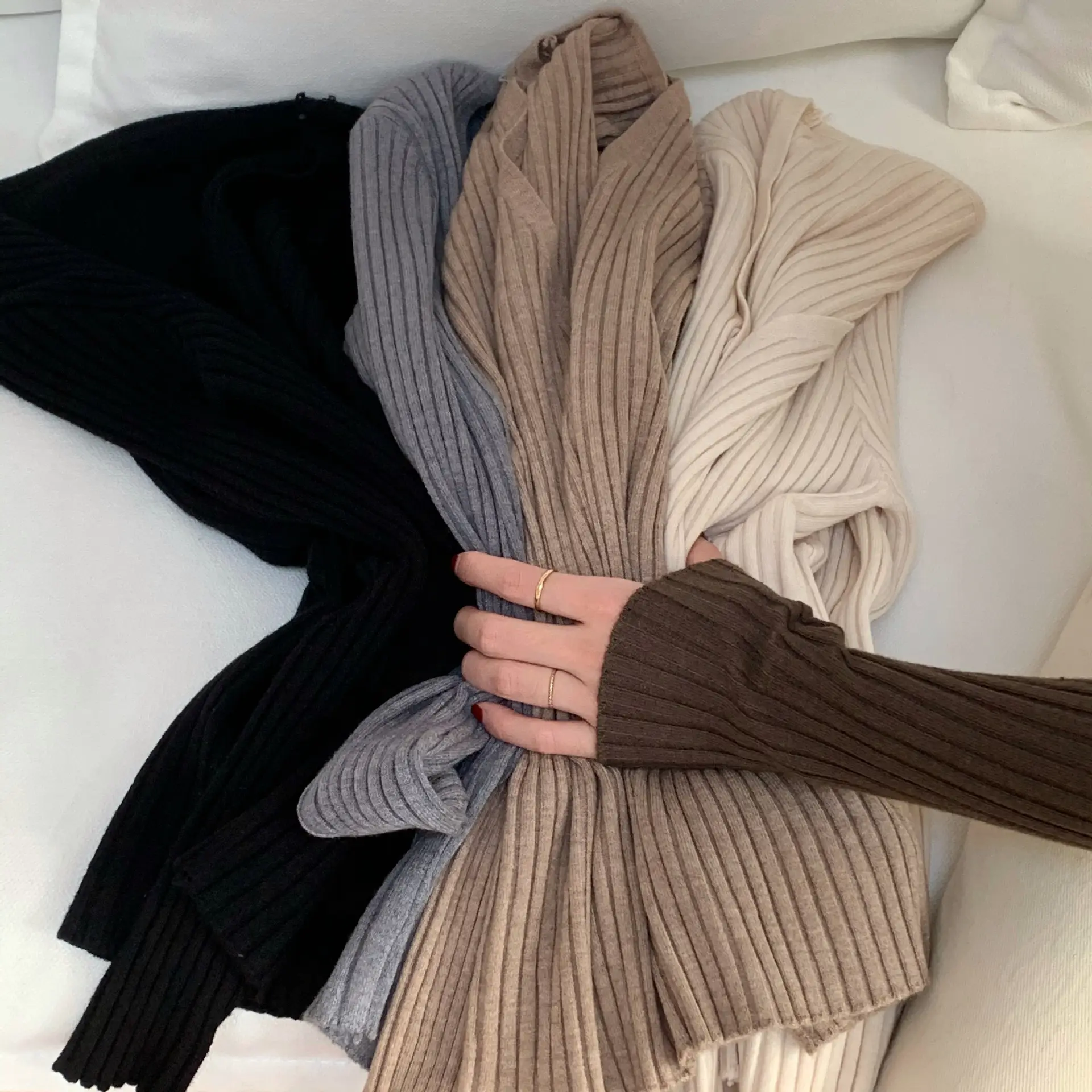 Women's V-Neck Knit Cardigan Long Sleeve Beige — feature 6