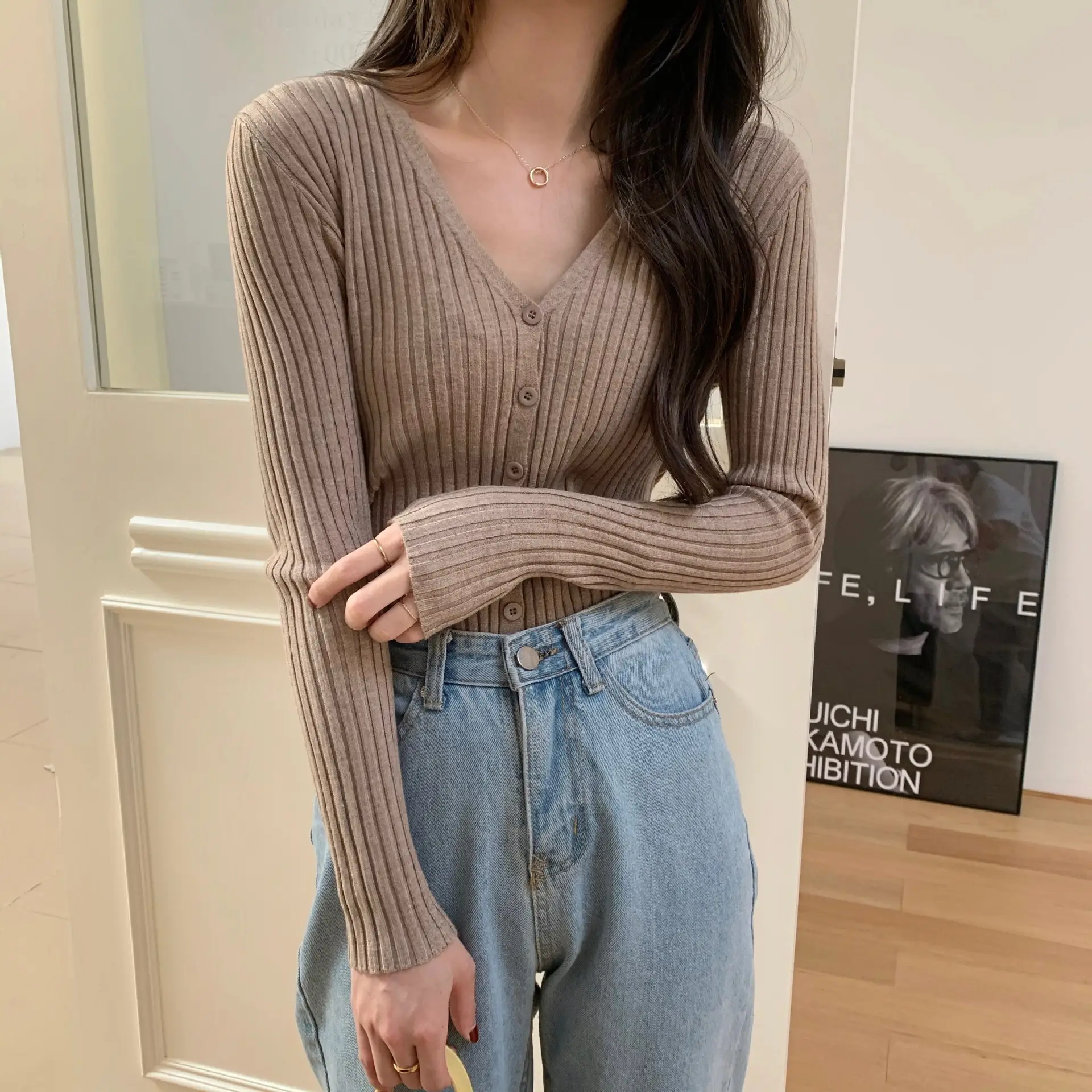Women's V-Neck Knit Cardigan Long Sleeve Beige — feature 7