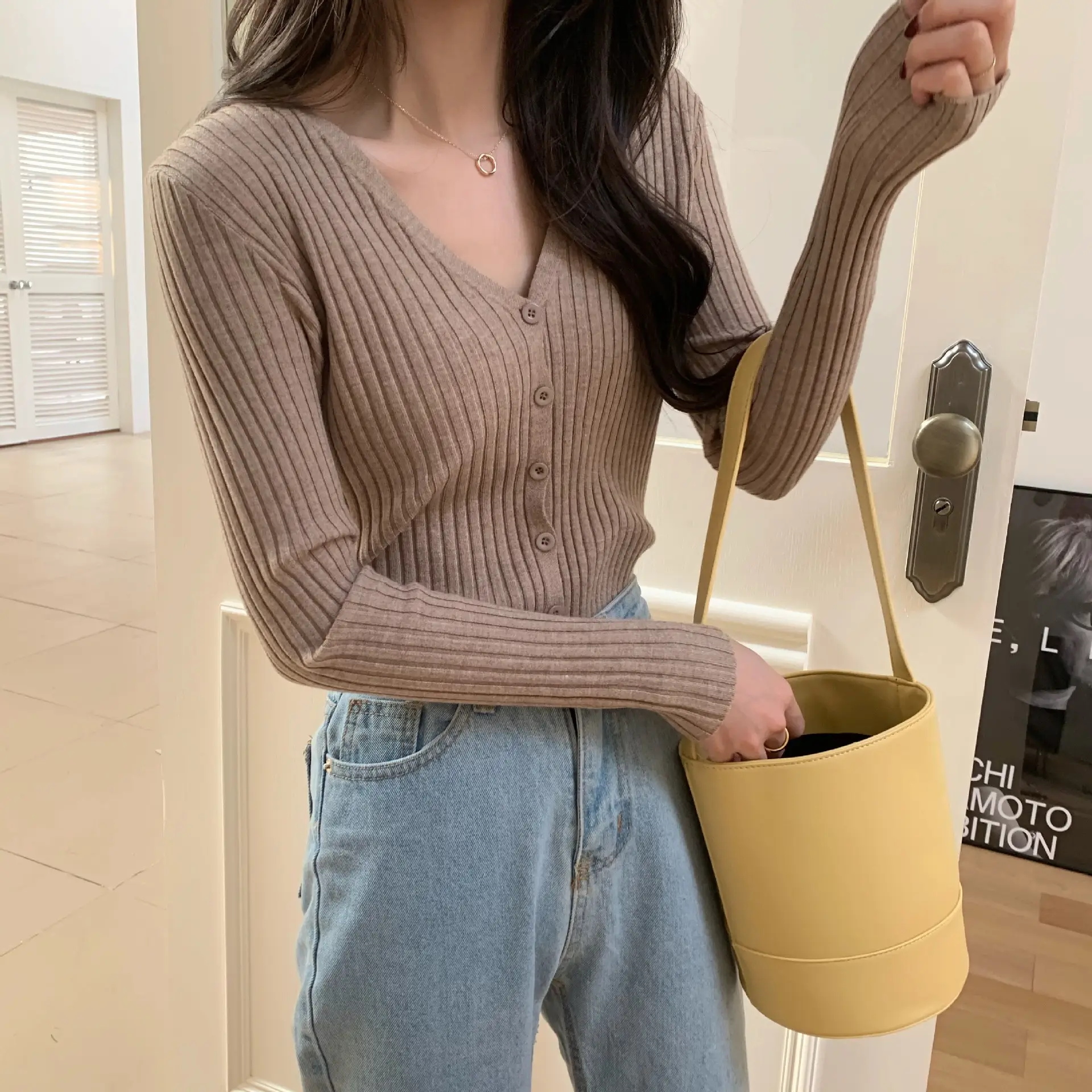 Women's V-Neck Knit Cardigan Long Sleeve Beige — feature 8