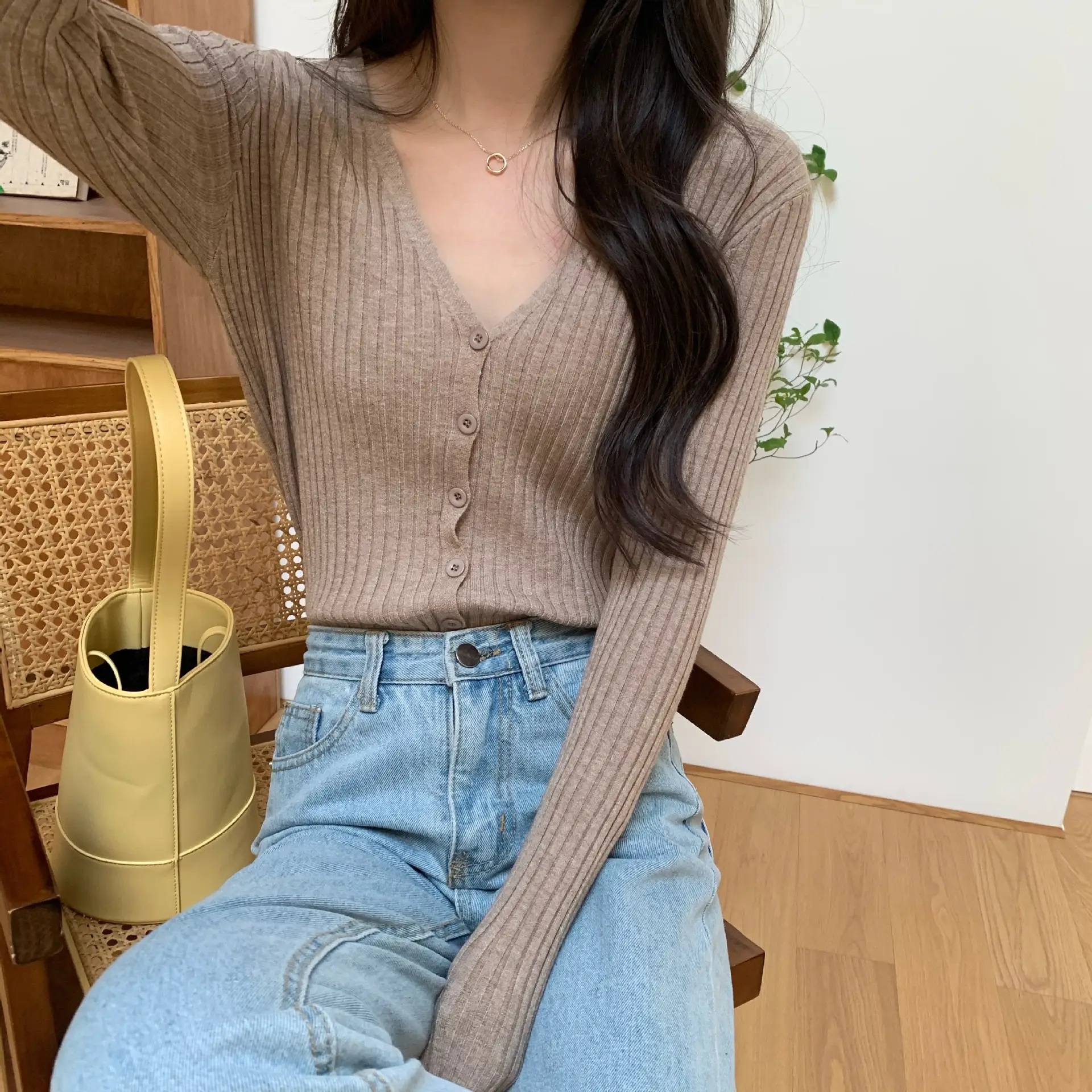 Women's V-Neck Knit Cardigan Long Sleeve Beige - Image 2