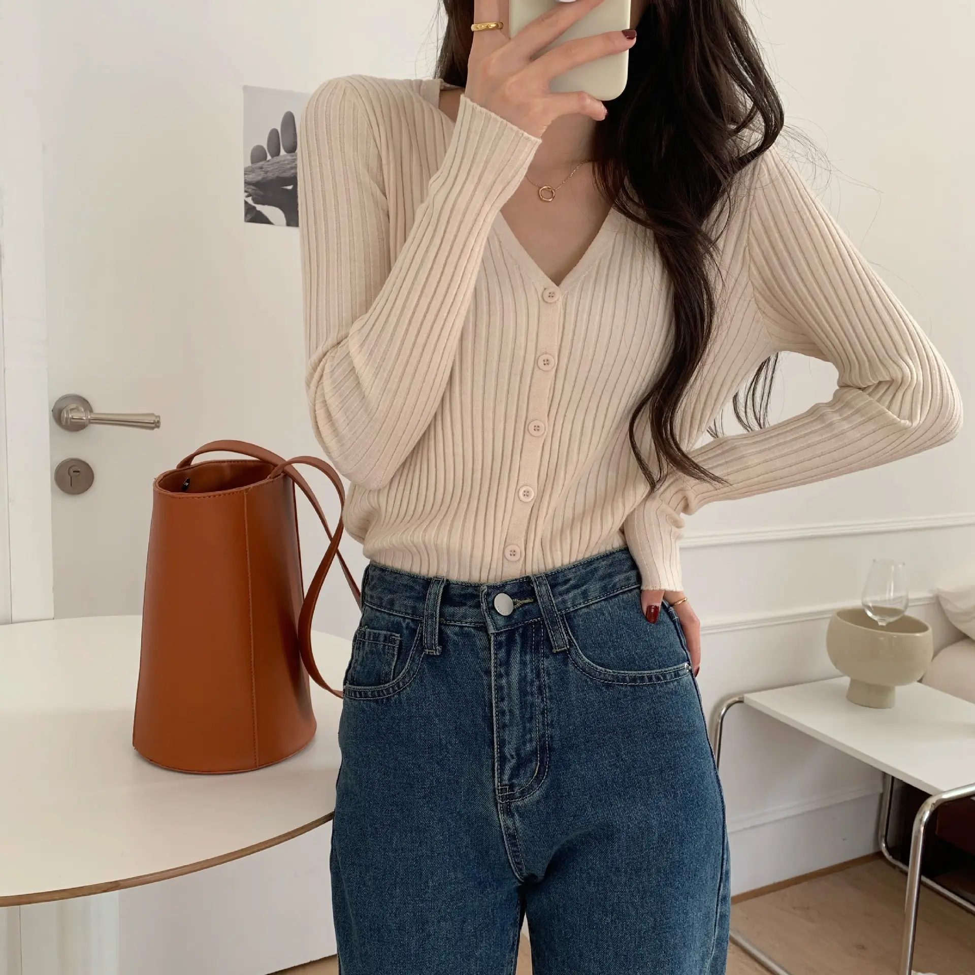 Women's V-Neck Knit Cardigan Long Sleeve Beige - Image 6
