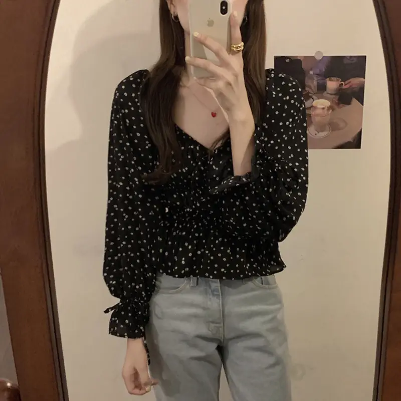 Women French Retro Chiffon Shirt Black White Polka Dot Long Sleeve