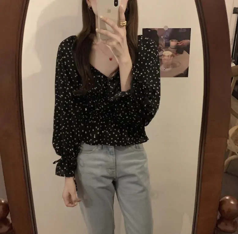 Women French Retro Chiffon Shirt Black White Polka Dot Long Sleeve