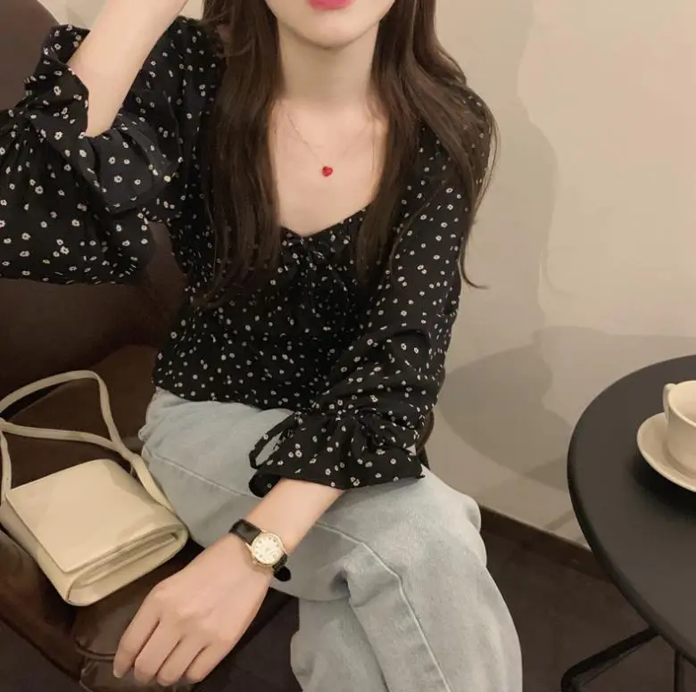 Women French Retro Chiffon Shirt Black White Polka Dot Long Sleeve