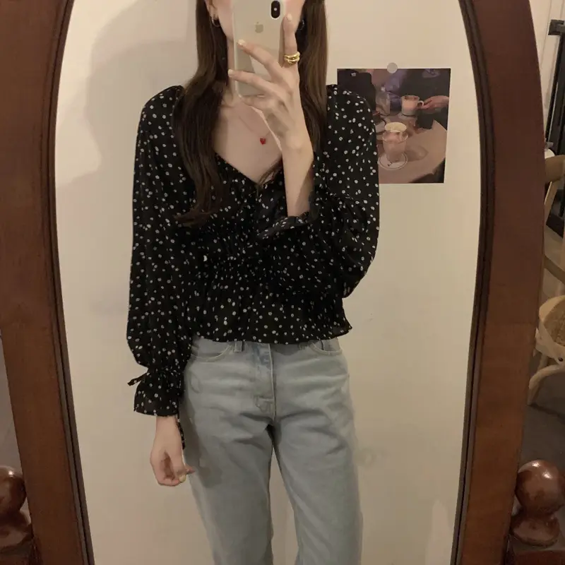 Women French Retro Chiffon Shirt Black White Polka Dot Long Sleeve — feature 1