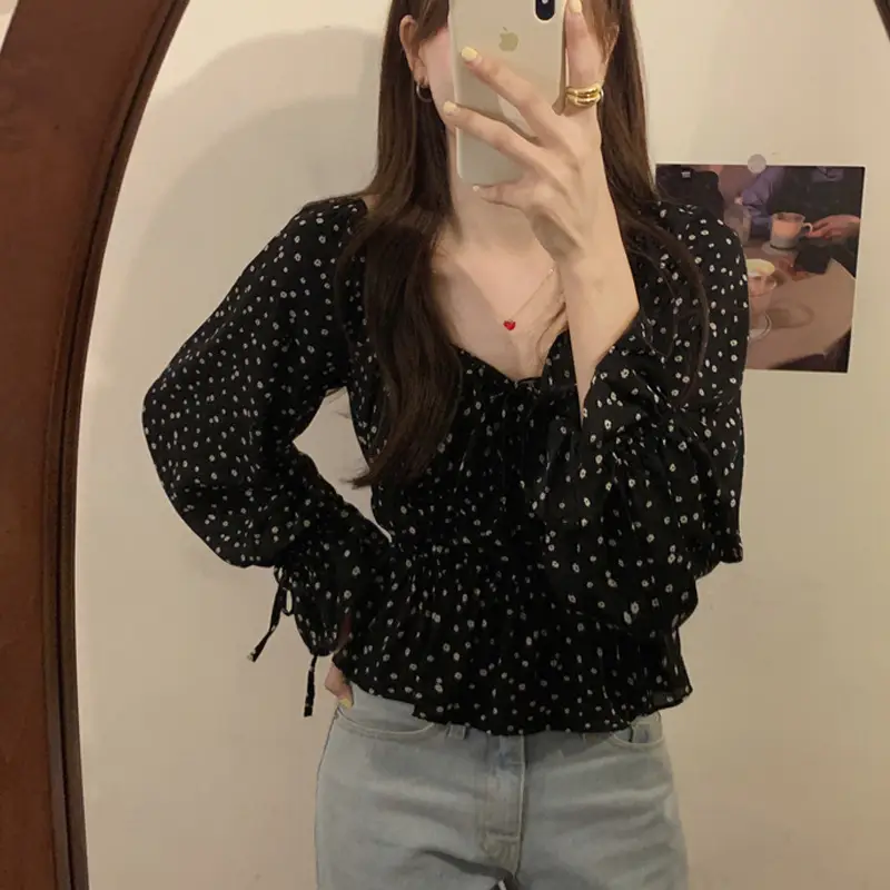 Women French Retro Chiffon Shirt Black White Polka Dot Long Sleeve — feature 2