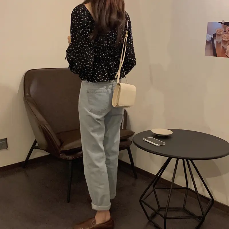 Women French Retro Chiffon Shirt Black White Polka Dot Long Sleeve — feature 3