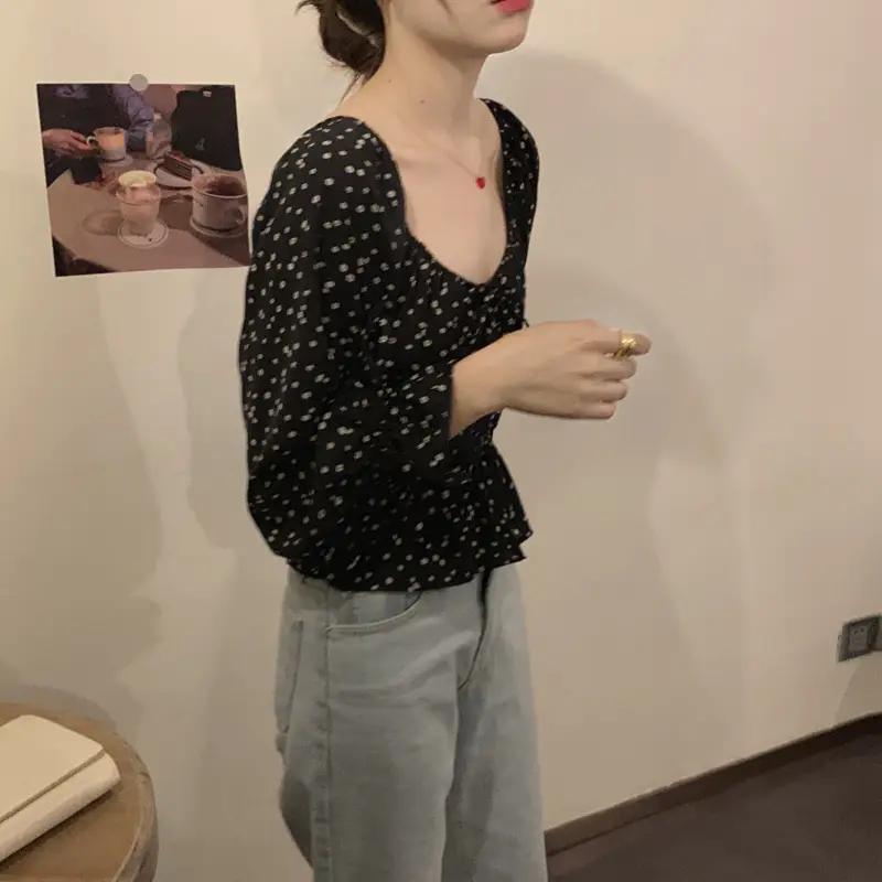 Women French Retro Chiffon Shirt Black White Polka Dot Long Sleeve — feature 4