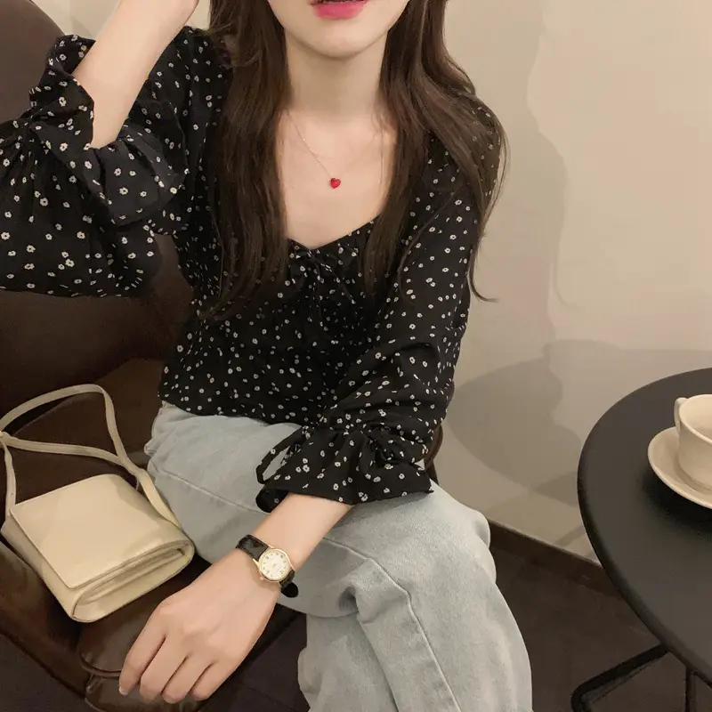 Women French Retro Chiffon Shirt Black White Polka Dot Long Sleeve — feature 5