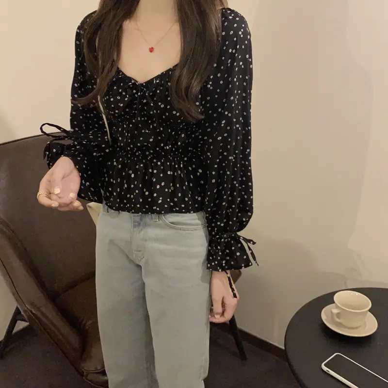 Women French Retro Chiffon Shirt Black White Polka Dot Long Sleeve — feature 6
