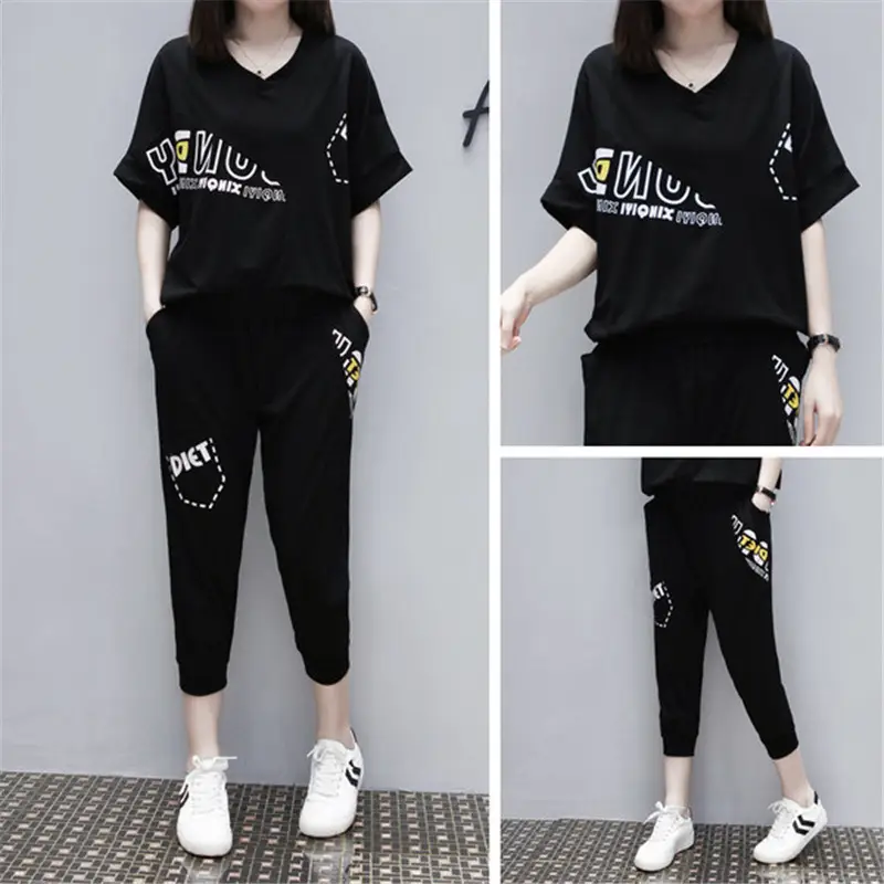 Black Running Capri Pants Two-Piece Set for Women Plus Size - Image 14