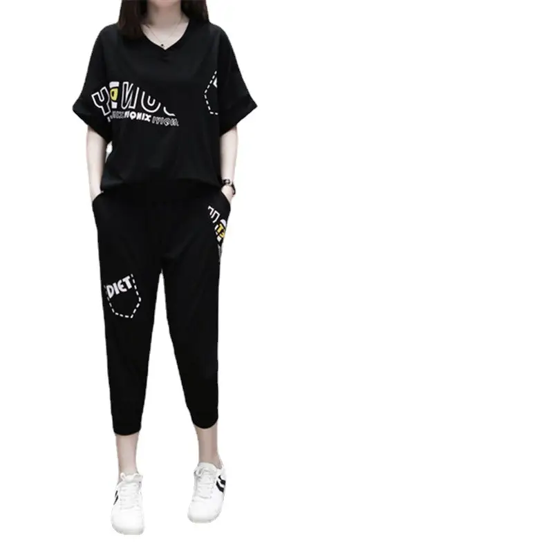Black Running Capri Pants Two-Piece Set for Women Plus Size - Image 17