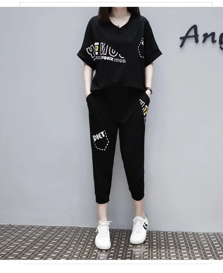 Black Running Capri Pants Two-Piece Set for Women Plus Size — feature 17