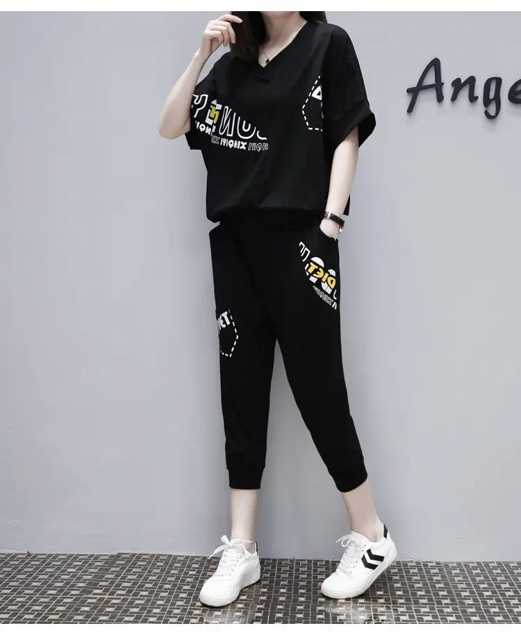 Black Running Capri Pants Two-Piece Set for Women Plus Size — feature 19