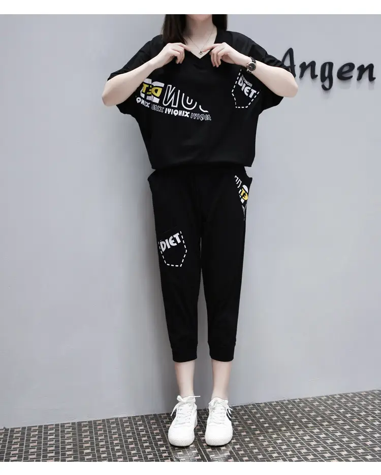 Black Running Capri Pants Two-Piece Set for Women Plus Size — feature 22