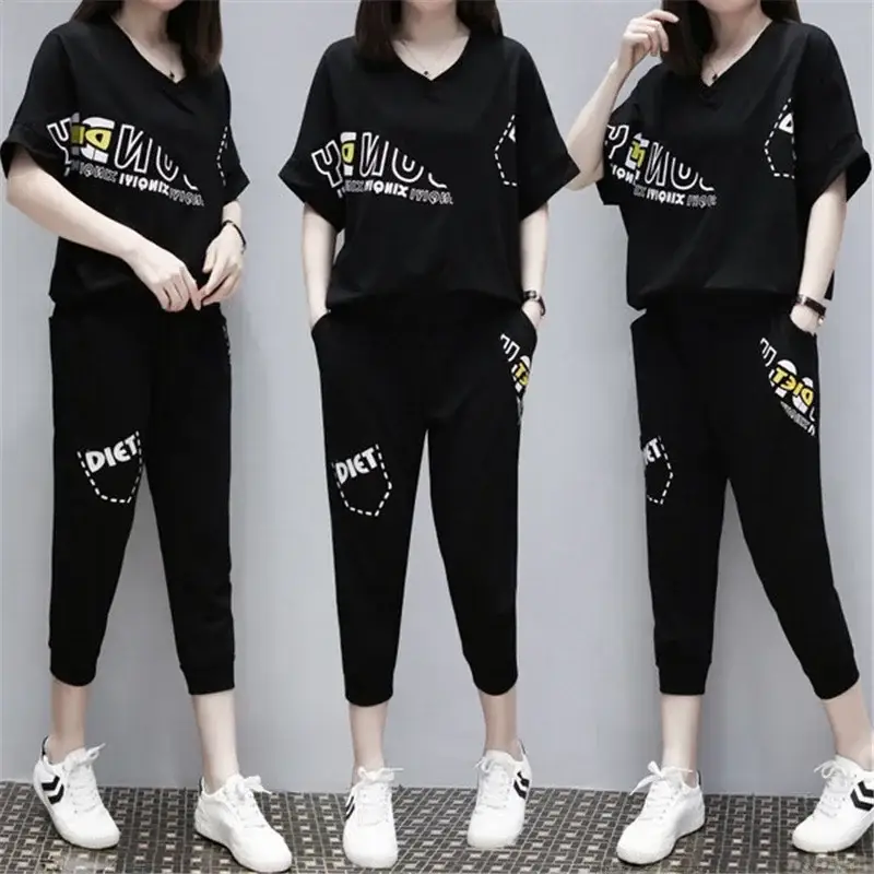 Black Running Capri Pants Two-Piece Set for Women Plus Size - Image 10